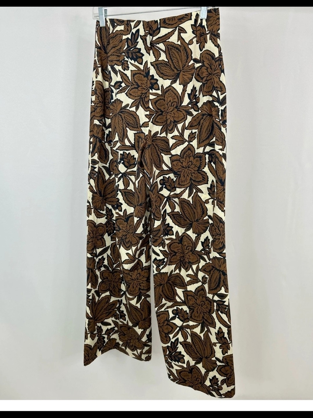 ZARA Floral Wide Leg Pants Brown Cream High Waist Size M